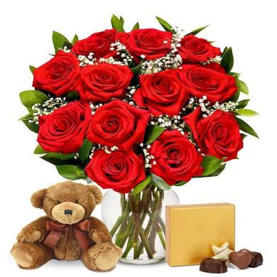 Red Roses, Chocolates and Teddy Bear