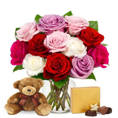 Assorted Roses, Chocolates and Teddy Bear